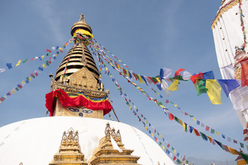 Nepal Kathmandu swayambhunath temple or Monkey temple is an ancient religious architecture  on hill in the Kathmandu Valley.Swayambhunath is a famous place tourist attrraction in Nepal.