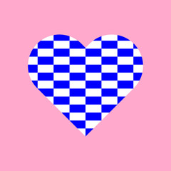 Blue and white rectangles repeat pattern in heart symbol vector isolated on pink background.