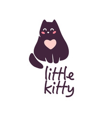 Logo design for kid toys store, market, boutique with cute kitty character silhouette sitting isolated on white background. Baby accessories boutique emblem design. Vector flat illustration.