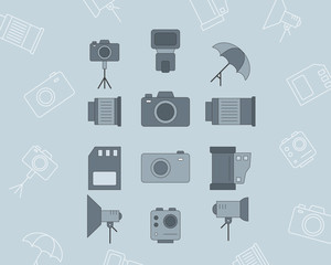 Photo equipment Icons set - Vector color symbols and outline of camera, flash, lens, tripod, slr and light for the site or interface