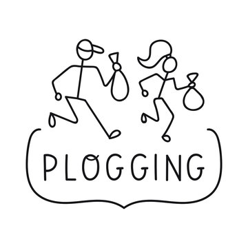 Outline illustration with inscription - plogging. Vector badge on white background.
