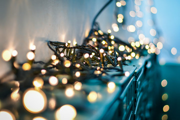 Post office boxes decorated with bokeh lights. Selective focus, low DOF