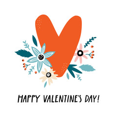 Happy Valentine's Day greeting card with heart, flowers and leaves.