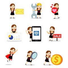 Set character of woman wearing evening gown for wedding party.