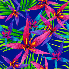 Floral watercolor print, seamless pattern with tropical lily flowers and palm leaves on a blue background.