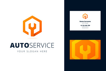 Logo and business card template for auto, repair services, system administrators, car service.s Vector illustration with wrench sign in origami, overlapping style.