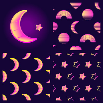 Set of mystical seamless patterns with moons, hearts, rainbows and sphere shapes and crescent moon illustration. Cute dreamy digital vector wallpapers. 