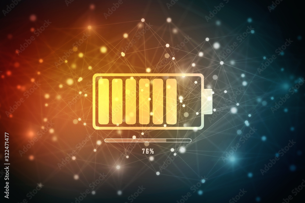 Poster 2d rendering electrical energy and power supply source concept, accumulator battery with charging le