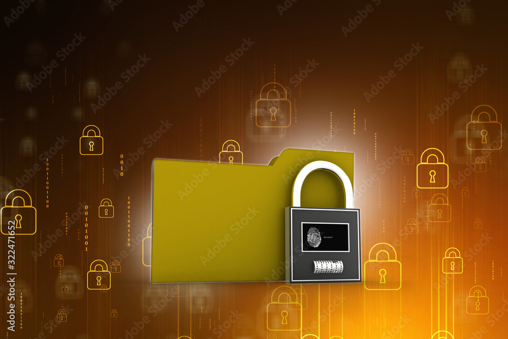 Poster yellow folder and lock. data security concept. 3d rendering