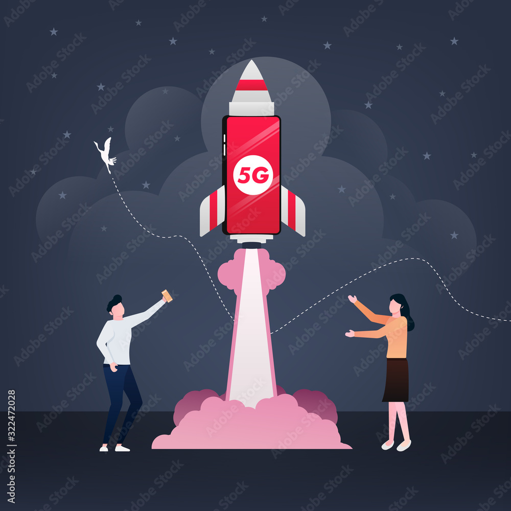 Aufkleber smartphone with a title 5g is flying in the sky like a rocket. 5g network wireless technology concep