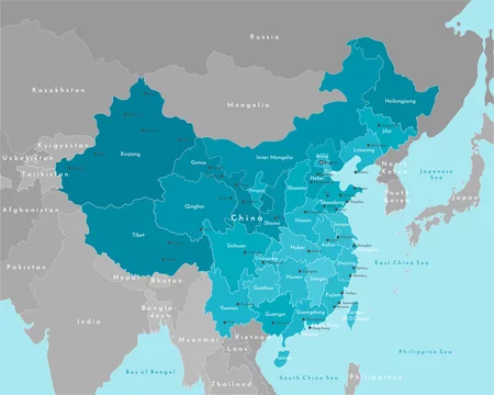 Vector modern illustration. Simplified geographical map of China and nearest states on continent. Blue background of seas. Names of the cities (Beijing, Hong Kong) and provinces