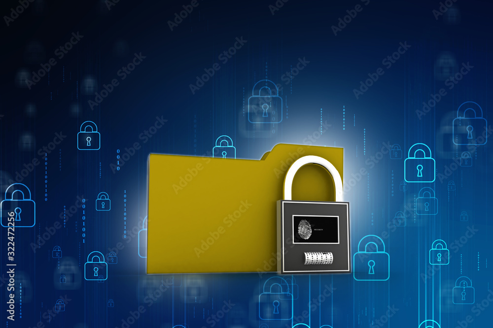 Poster yellow folder and lock. data security concept. 3d rendering