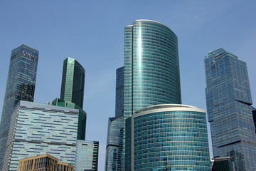 Fototapeta na wymiar Moscow city skyscrapers on blue sky background, business in Russia