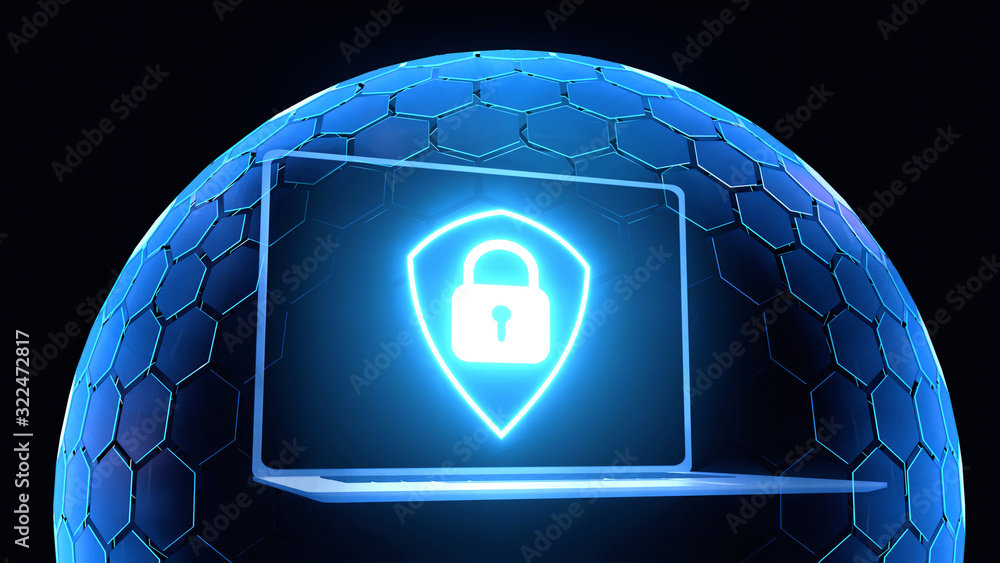 Poster 3d rendering of notebook laptop computer and glowing security guard icon inside hexagon sphere shiel