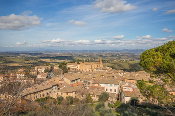 Panoramic view of San Gimignano medieval town in Tuscany on winter day