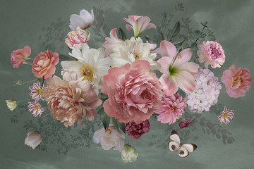 Beautiful garden flowers, leaves and butterfly on light background.