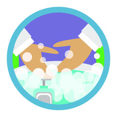 Sink full of water and soap bubbles, and a bottle of liquid soap standing next to it, and man's hands reaching the sink. Washing hands concept.