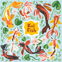 Colorful koi fishes. Vector stock illustration koi carp abstract. Japanese, Chinese swimming carps in pond with lotus leaf, floral and algae. Modern flat impressionism or doodle free hand style.