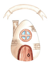 Egg house and banner, Easter greeting card, watercolor illustration