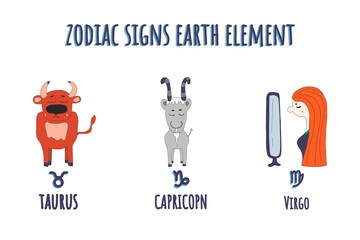 zodiac signs element of air cartoon characters. Hand drawn. isolated on a white background and lettering virgo,taurus,capricorn. illustration.design for mugs, packaging paper, t-shirts, poster,card