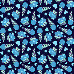 Vector seamless pattern with desserts; ice cream cones and cupcakes on dark blue background for fabric, package, wallpaper, wrapping paper, textile, web design.