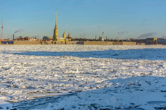 Sunny winter day in the historical center of St. Petersburg.