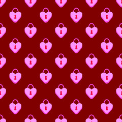 Valentine's Day vector seamless pattern; cute holiday design with heart-shape padlocks on dark red background for greeting cards, wallpaper, fabric, wrapping paper, textile, package, web design.