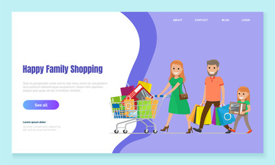 Family shopping together, man and woman with bags and packages. Mother with trolley loaded with products and stuff. Father and daughter walking behind. Website or webpage template, landing page vector