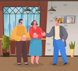 Friends meeting at house, home reception of couple. People talking and drinking water from cups. Housewarming party or holiday celebration. Interior design of living room vector in flat style