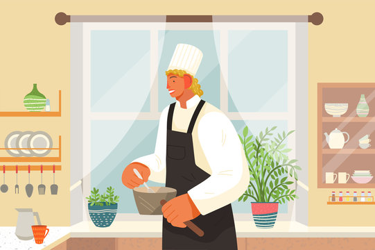 Restaurant kitchen, eating out, chef or cook with saucepans vector. Cafe staff, culinary and cooking, man mixing soup or sauce, order preparing. Profession or occupation, guy in uniform illustration