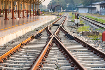 Chiang Mai , Thailand - January, 18, 2020 : Railroad tracks in chiang mai thailand.Crossing railway track railway point on tracks soft lens landscape background.