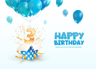 Celebrating of 3 years birthday vector 3d illustration. 3th years anniversary and open gift box with explosions confetti and number flying on balloons