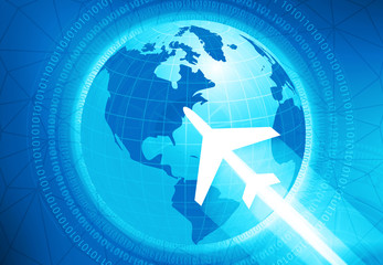 Earth globe with airplane. Airplane flying over the World. 3d illustration.