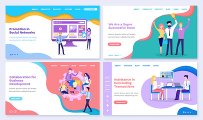 Set of collaboration for business development, super successful team and promotion in social media. People working on promotion together. Website or webpage template landing page, vector in flat style