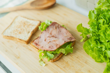 Tasty and fresh sandwiches in kitchen room. Man prepares lunch, serves grilled bread sandwich snack on top of wooden cutting board.