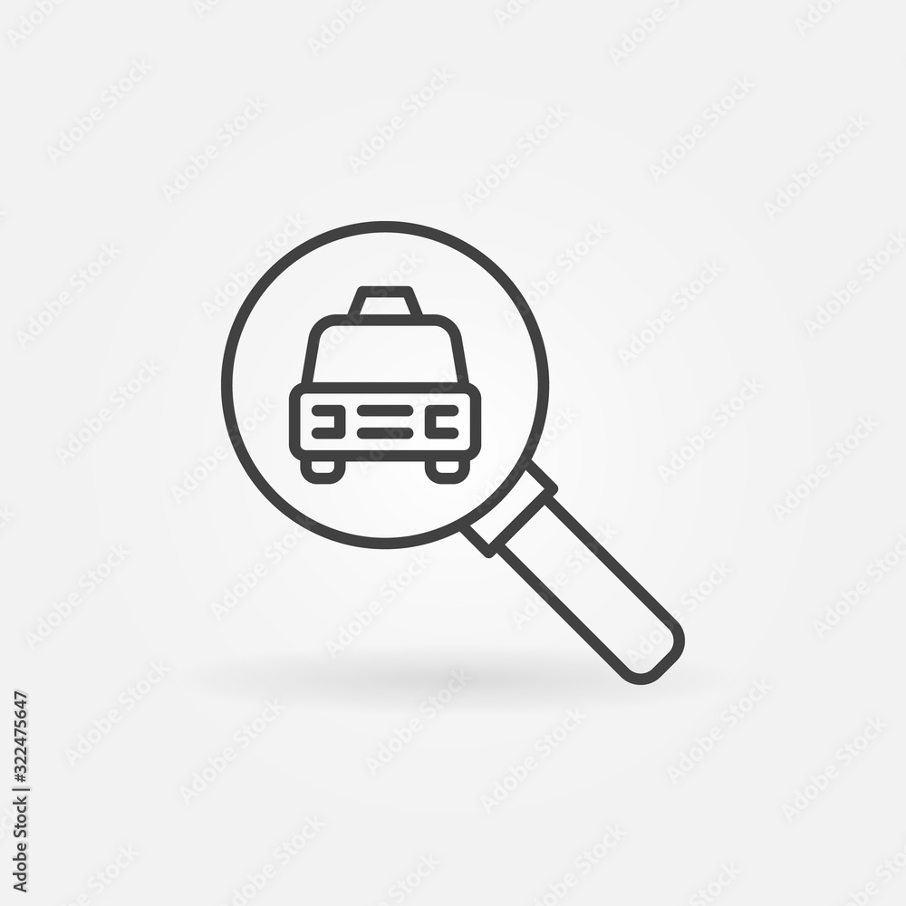 Poster taxi search outline icon. car in magnifier vector concept linear design element