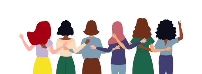 8 March Women's day. A group of women standing together and holding hands. Vector illustration. 