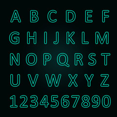 Glowing neon alphabet with letters from A to Z and numbers from 1 to 0. Trend color - aqua Menthe,