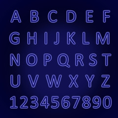 Glowing neon alphabet with letters from A to Z and numbers from 1 to 0. Trend color - phantom blue.