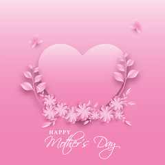 Paper Cut Flowers with Leaves and Butterflies Decorated Empty Heart Shape Given For Message on Glossy Pink Background for Happy Mother's Day.