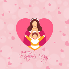 Cartoon Young Woman with Her Baby Girl on Pink Hearts Bokeh Blur Background for Happy Mother's Day Celebration.