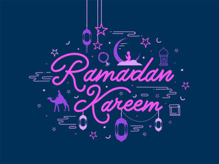 Pink Calligraphy Ramadan Kareem Text with Crescent Moon, Arabic Lanterns, Stars and Camel on Blue Background.