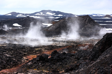 Reeky lavas field in the geothermal valley Leirhnjukur, near Krafla volcano, Iceland. Landscape...