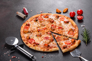 Tasty sliced pizza with seafood and tomato on a concrete background