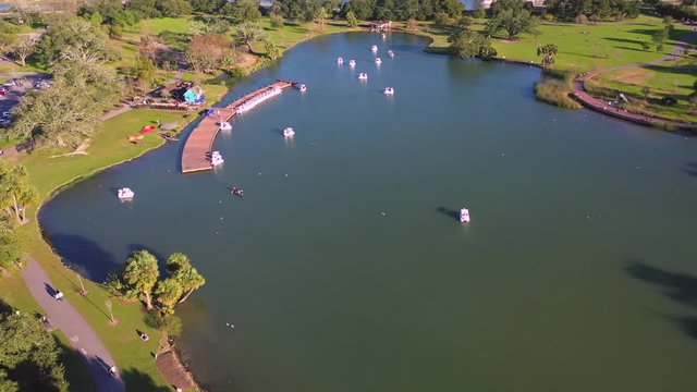 Aerial view of paddleboats at City Park lagoon in New Orleans