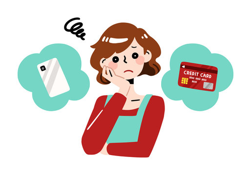 woman compare credit card, mobile phone, cell phone