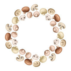 Round frame with cartoon of champignon mushrooms with hatching and place for text. Healthy natural food and cuisine menu. Vector flat object for card, recipe, label and your design.