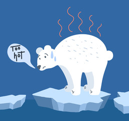 Global warming. Cartoon doodle illustration of a sad bear on melted ice with speech bubble. Too hot. World problem with call to action. The threat of extinction of rare animals.