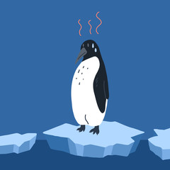 Global warming. Cartoon doodle illustration of a sad fries penguin on melting cracked ice with water drops. World problem. The threat of extinction of rare animals. Vector card for your creativity
