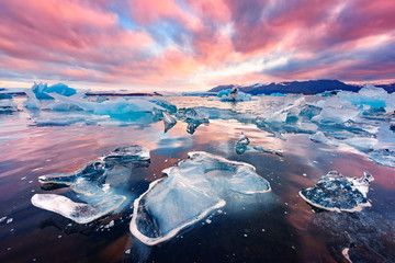 Incredible landscape with icebergs in Jokulsarlon glacial lagoon. Vatnajokull National Park,...